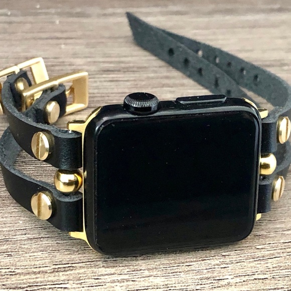 Classic Black & Gold Apple iWatch Leather Bracelet main image 6